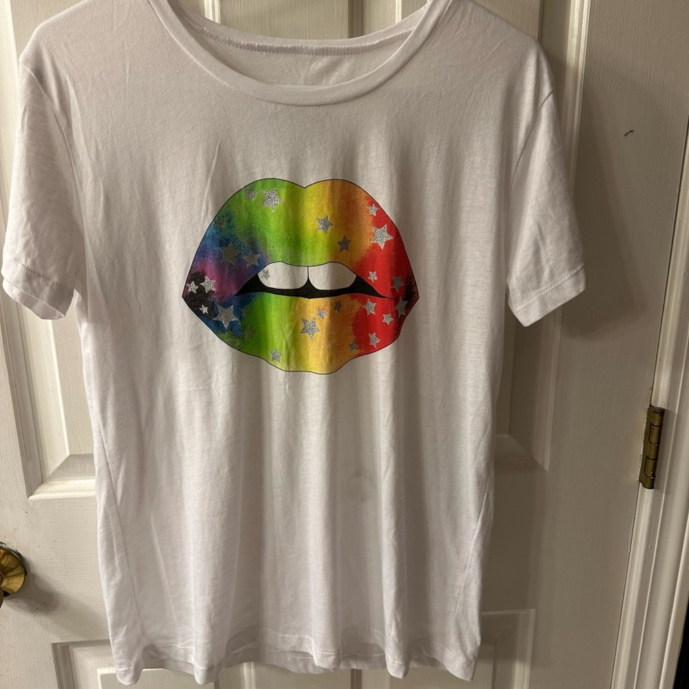 Chaser White Tee with Rainbow Lips Graphic